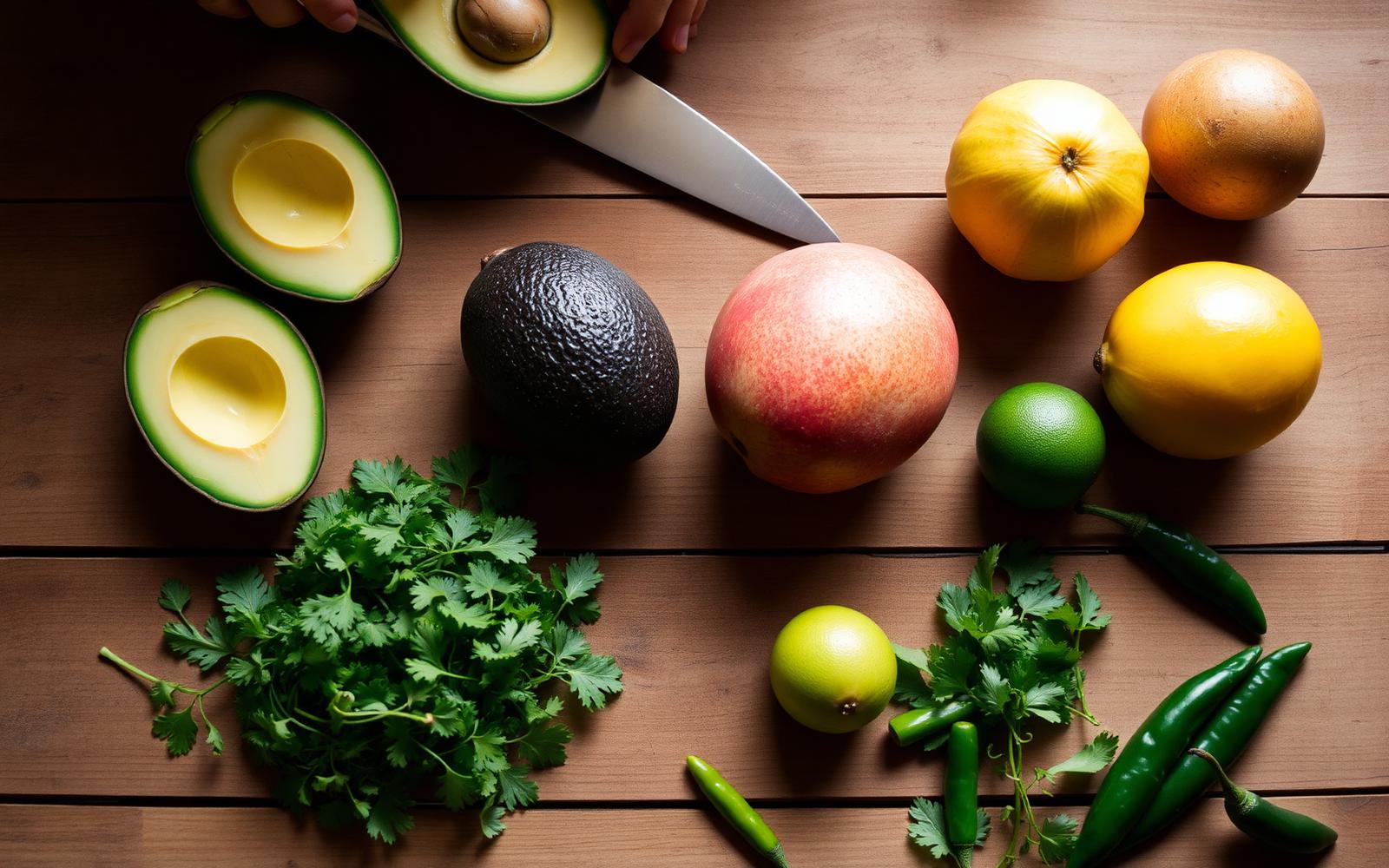 Fresh Latin produce on a wooden prep table